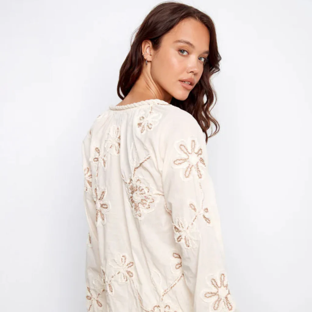 Charlie B : Embroidered Cotton Popover Blouse Ecru - Image 2