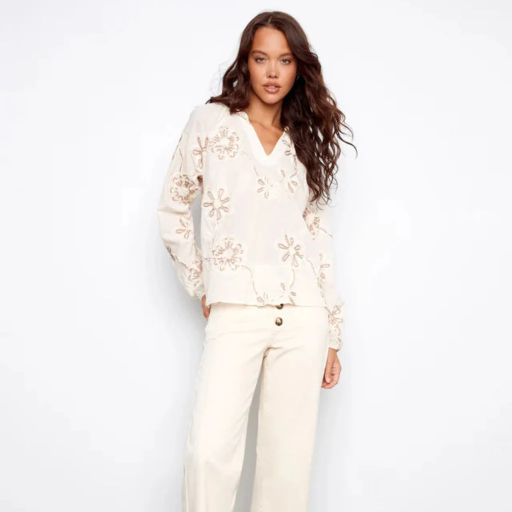 Charlie B : Embroidered Cotton Popover Blouse Ecru - Image 4