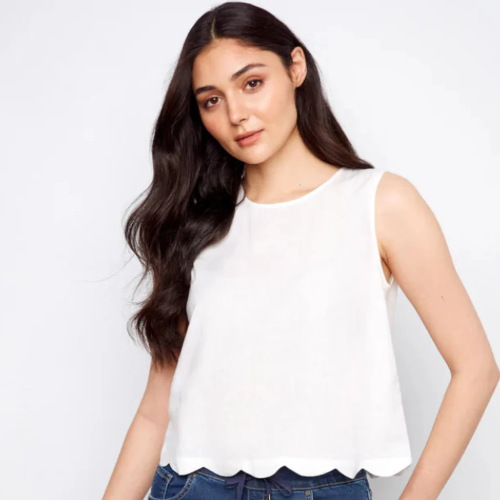 Charlie B : Linen Blend Sleeveless Scalloped Top