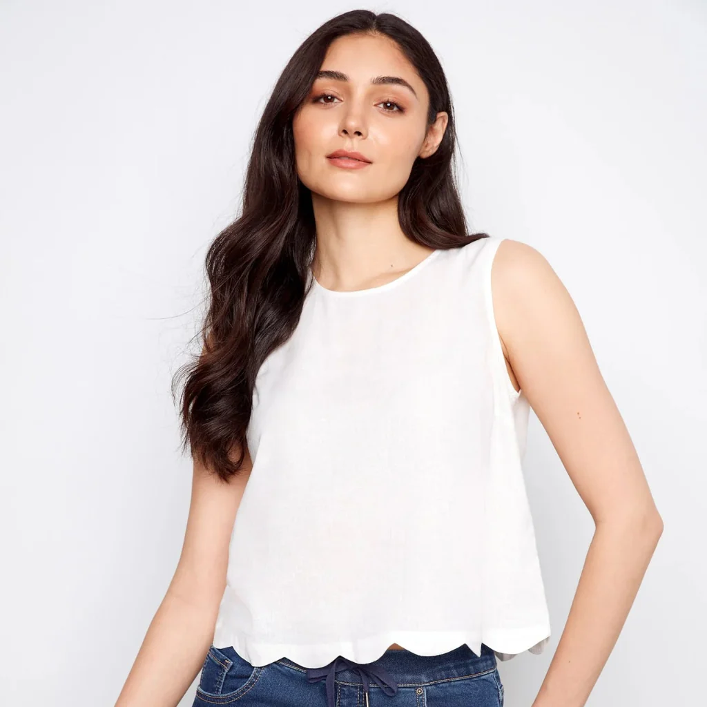 Charlie B : Linen Blend Sleeveless Scalloped Top - Image 4