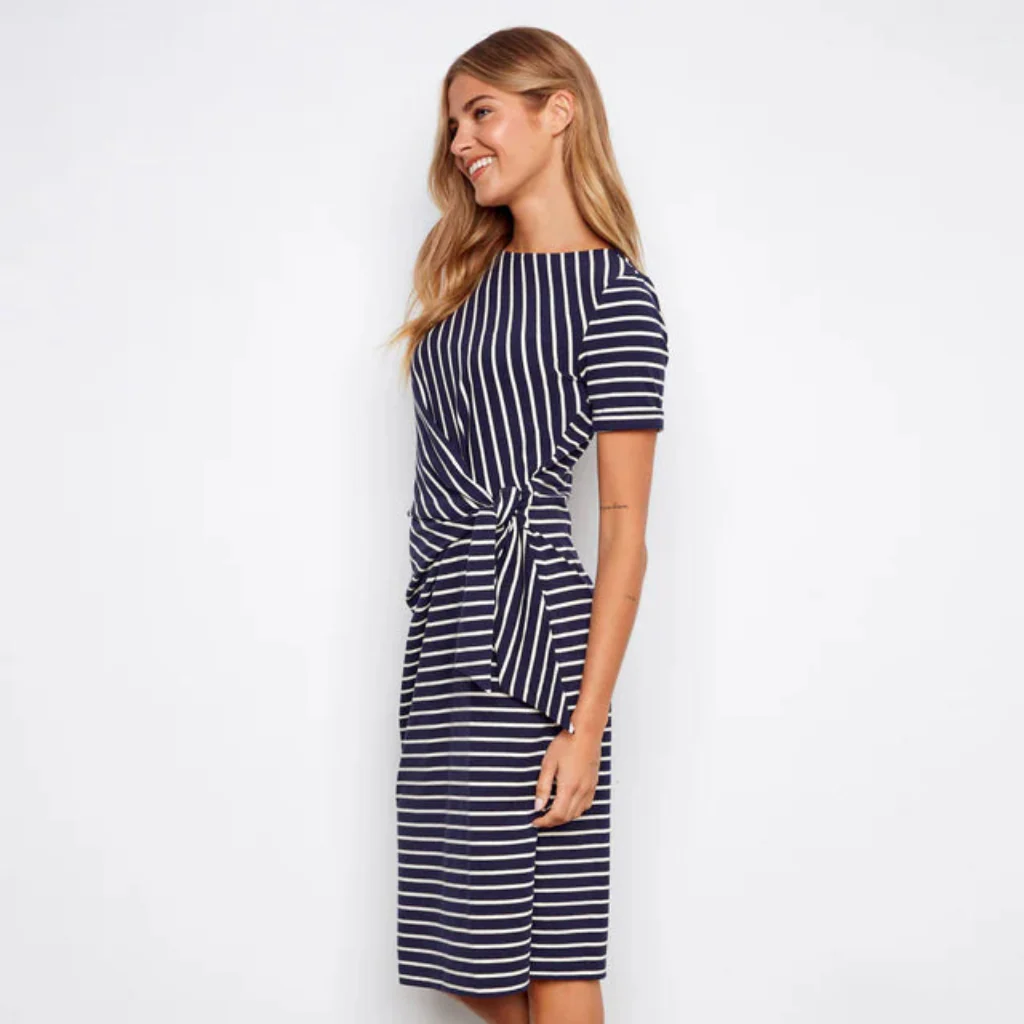 Charlie B : Striped Cotton Boat Neck Dress - Image 2