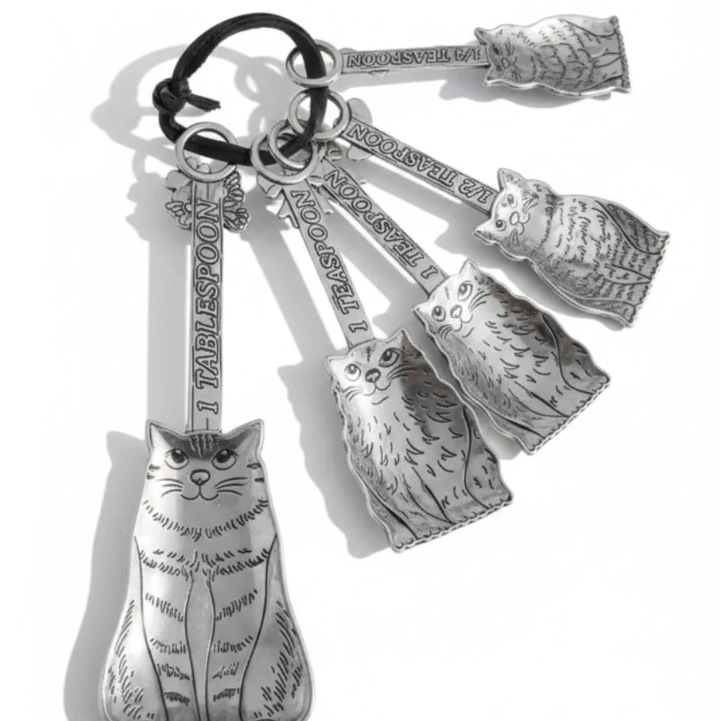 Ganz : Measuring Spoons Set Family Of Cats Polished Silver Tone Zinc Alloy