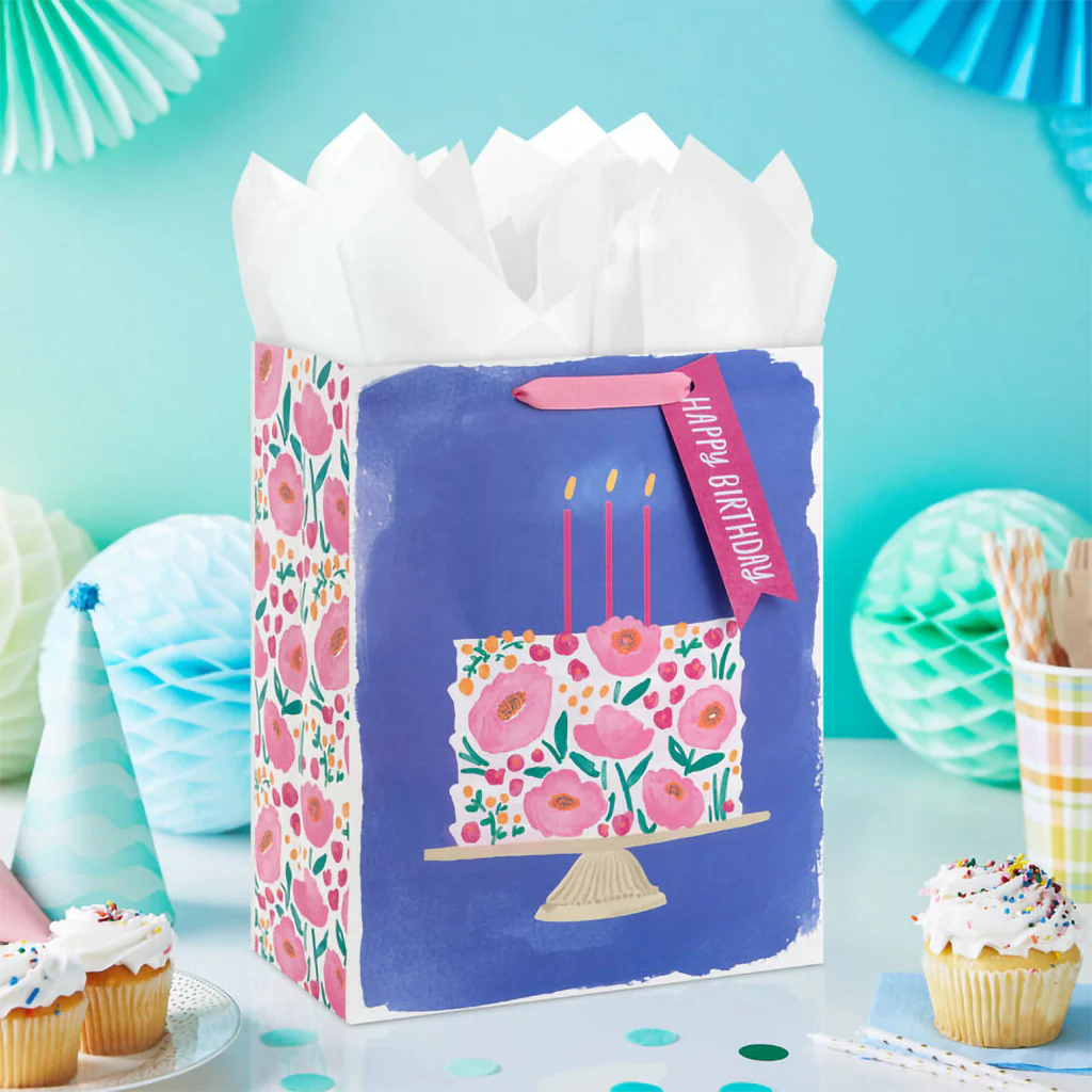 Hallmark : 13" Floral Cake on Blue Large Birthday Gift Bag