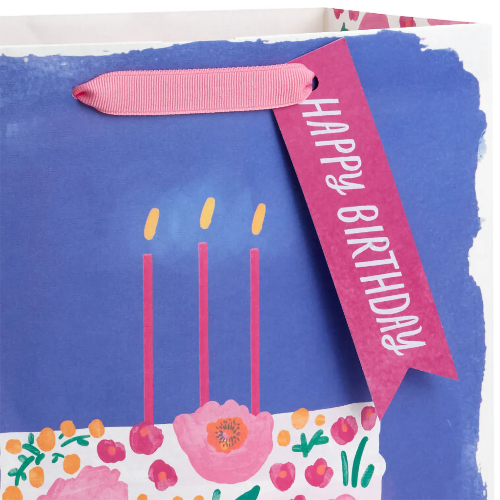 Hallmark : 13" Floral Cake on Blue Large Birthday Gift Bag - Image 4