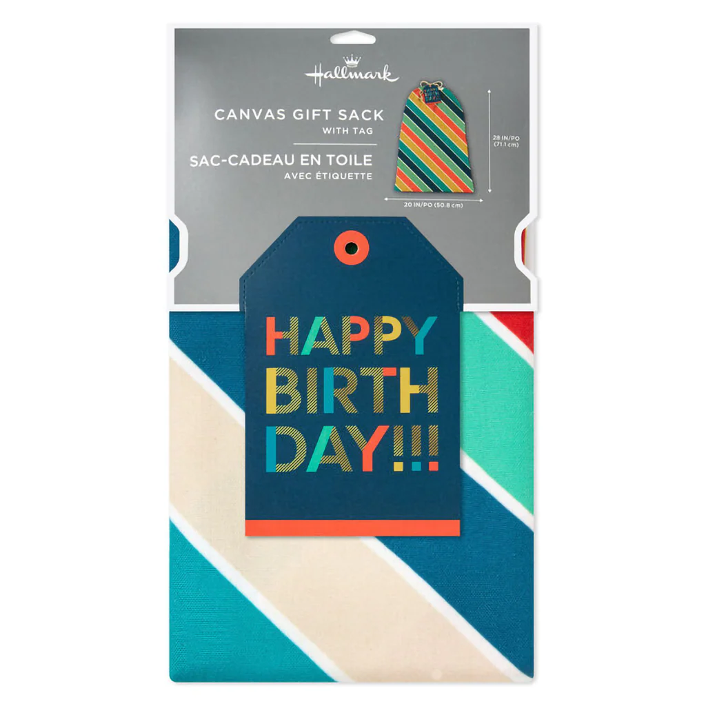 Hallmark : 28" Bold Diagonal Stripes Birthday Canvas Gift Sack With Gift Tag - Image 5