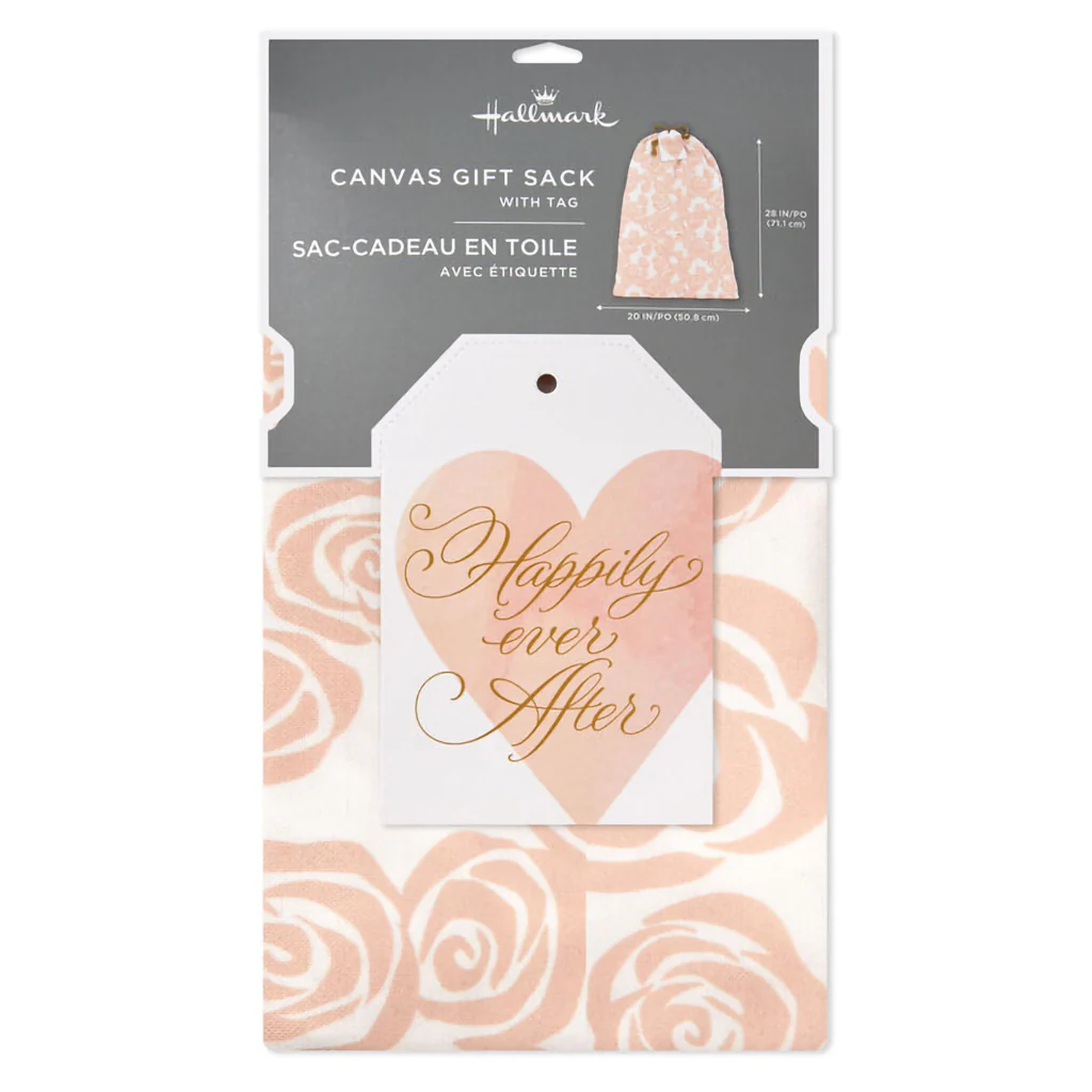 Hallmark : 28" Pink Roses on Ivory Wedding Canvas Gift Sack With Gift Tag - Image 5