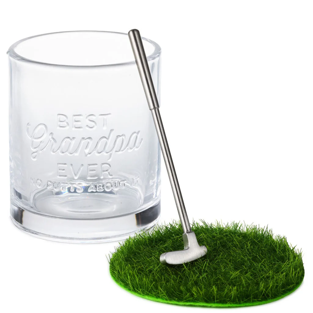 Hallmark : Best Grandpa Ever Lowball Glass With Golf Club Stirrer and Turf Coaster, 8.5 oz. - Image 2