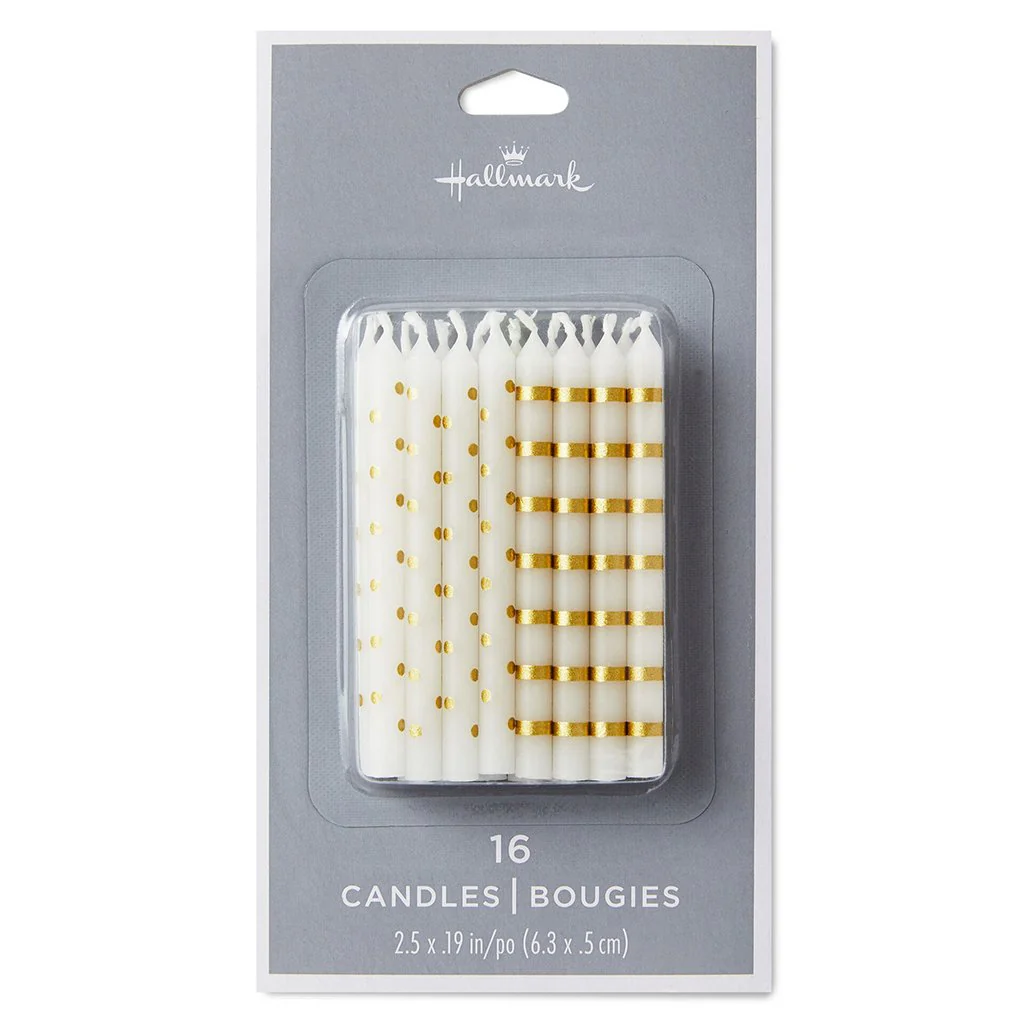 Hallmark : Gold Stripes and Polka Dots on White Birthday Candles, Set of 16 - Image 2