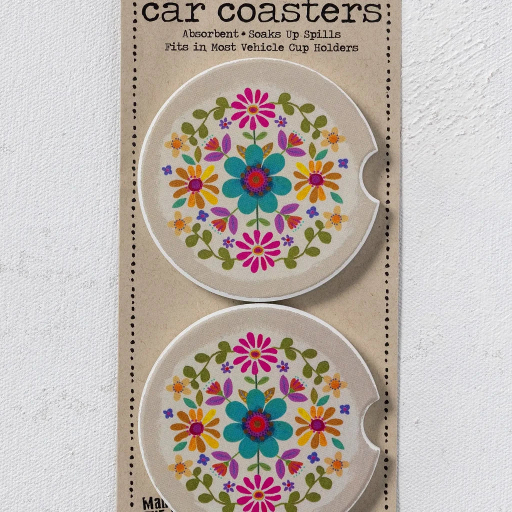 Natural Life : Cream Folk Flower Car Coasters, Set of 2