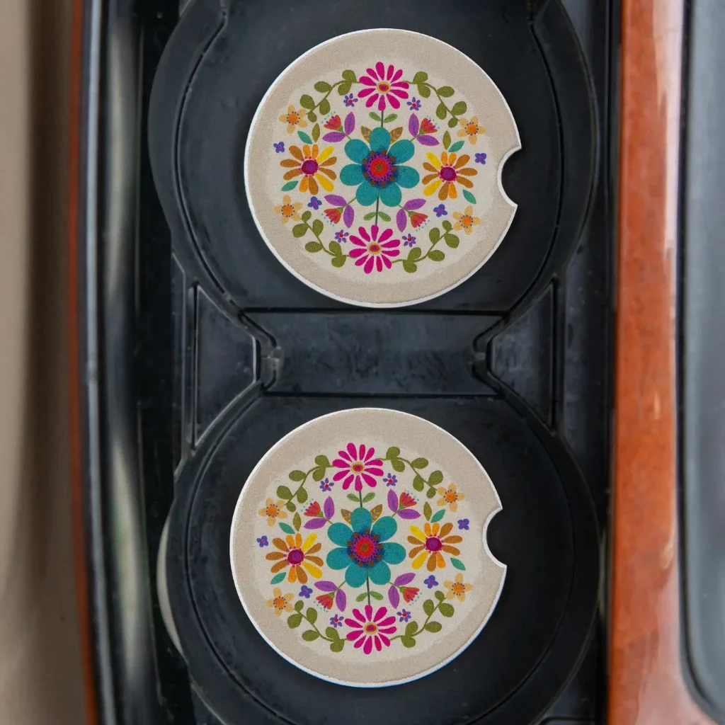 Natural Life : Cream Folk Flower Car Coasters, Set of 2 - Image 2