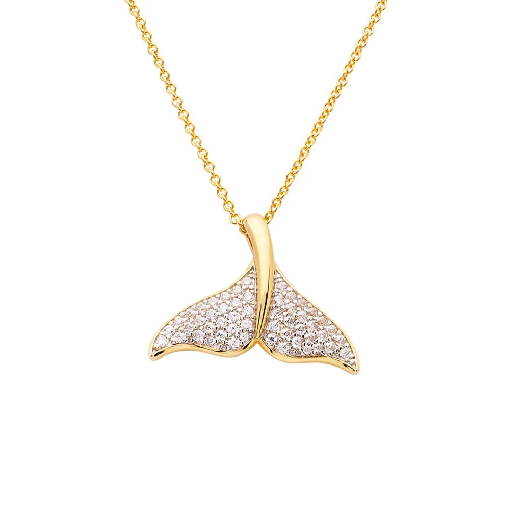 Ocean : Whale Tail Necklace with Cubic Zirconias - 14K Gold Vermeil