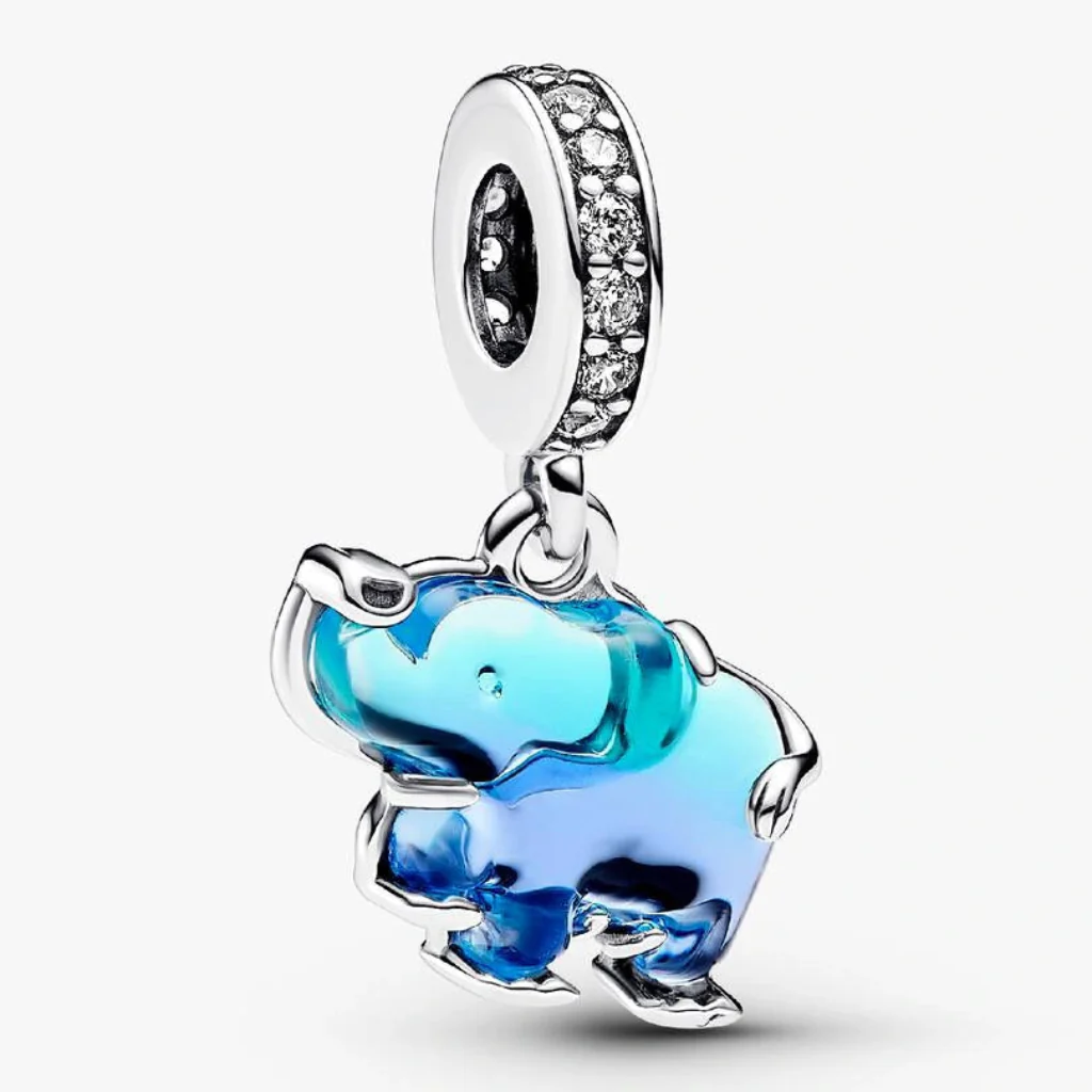 Pandora : Blue Murano Glass Elephant Dangle Charm - Sterling Silver