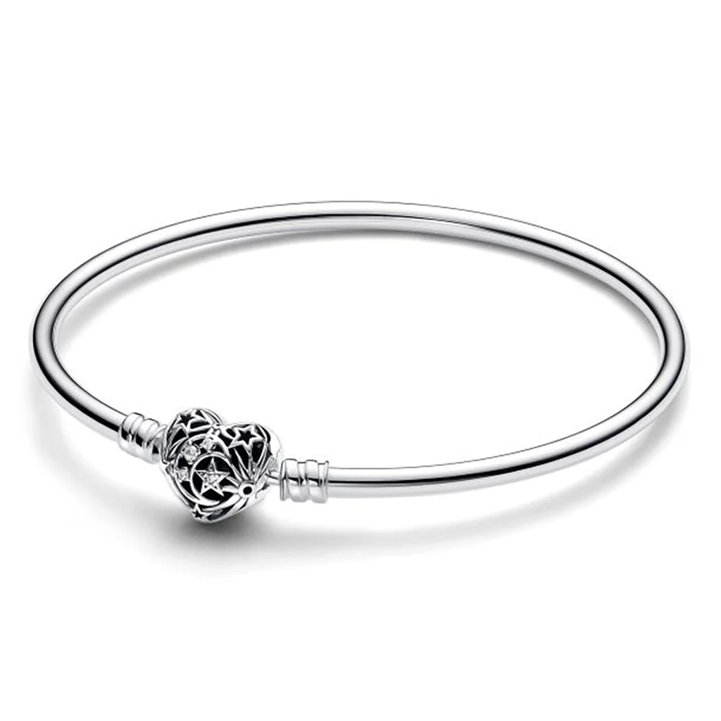 PANDORA : Celestial Heart Clasp Bangle Bracelet - Sterling Silver