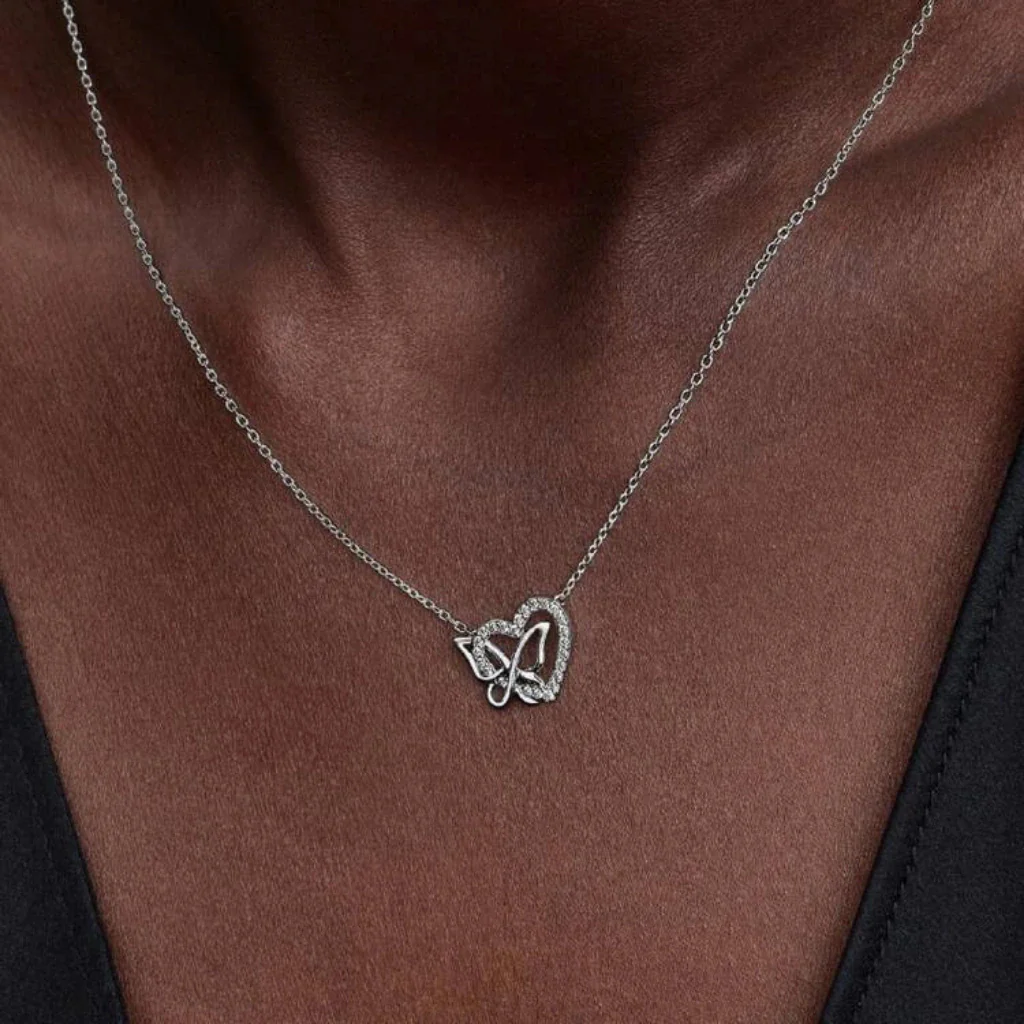 PANDORA : Entwined Heart & Butterfly Pendant Necklace - Silver - Image 3