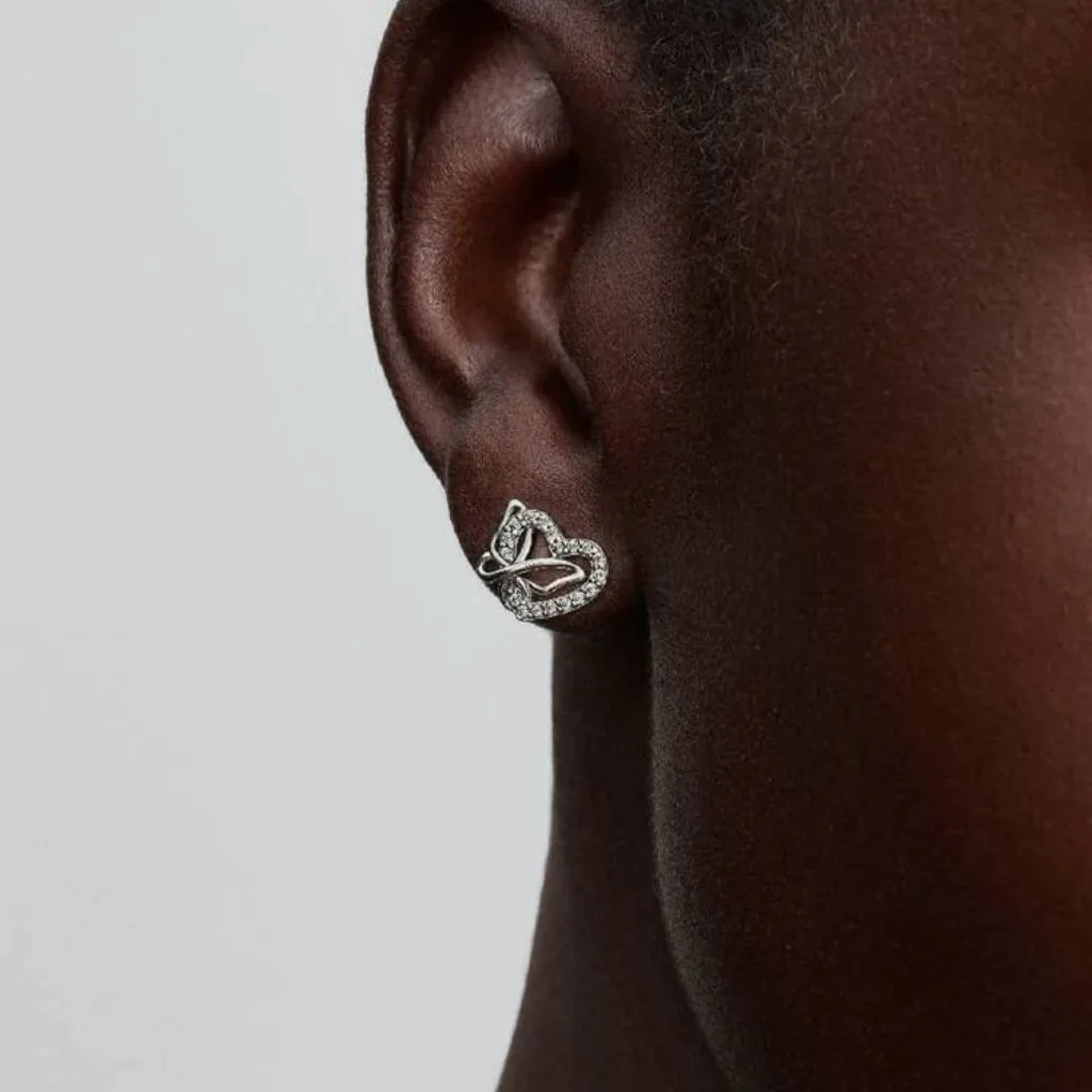 PANDORA : Entwined Heart & Butterfly Stud Earrings - Silver - Image 4