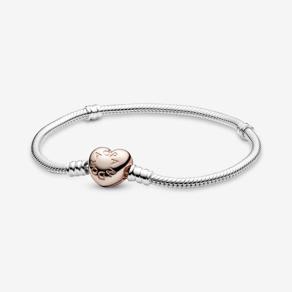 PANDORA : Pandora Moments Heart Clasp Snake Chain Bracelet in Sterling Silver & Rose Gold
