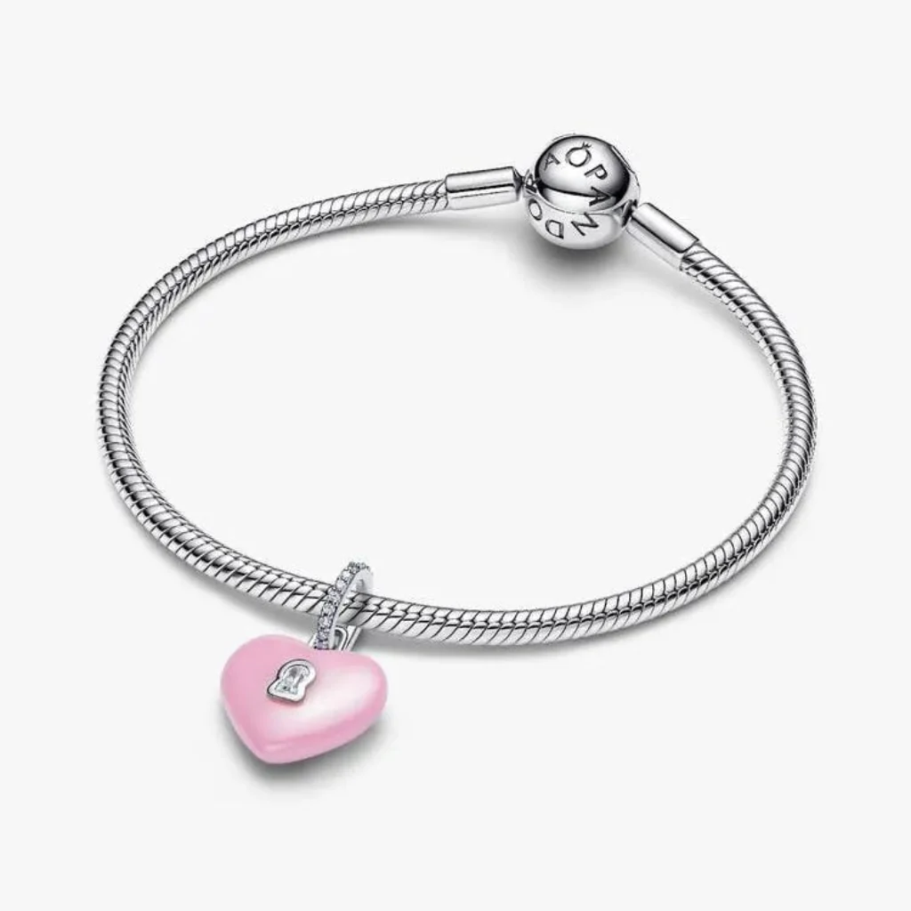 Pandora : Pink Ceramic Heart Padlock Dangle Charm - Image 3