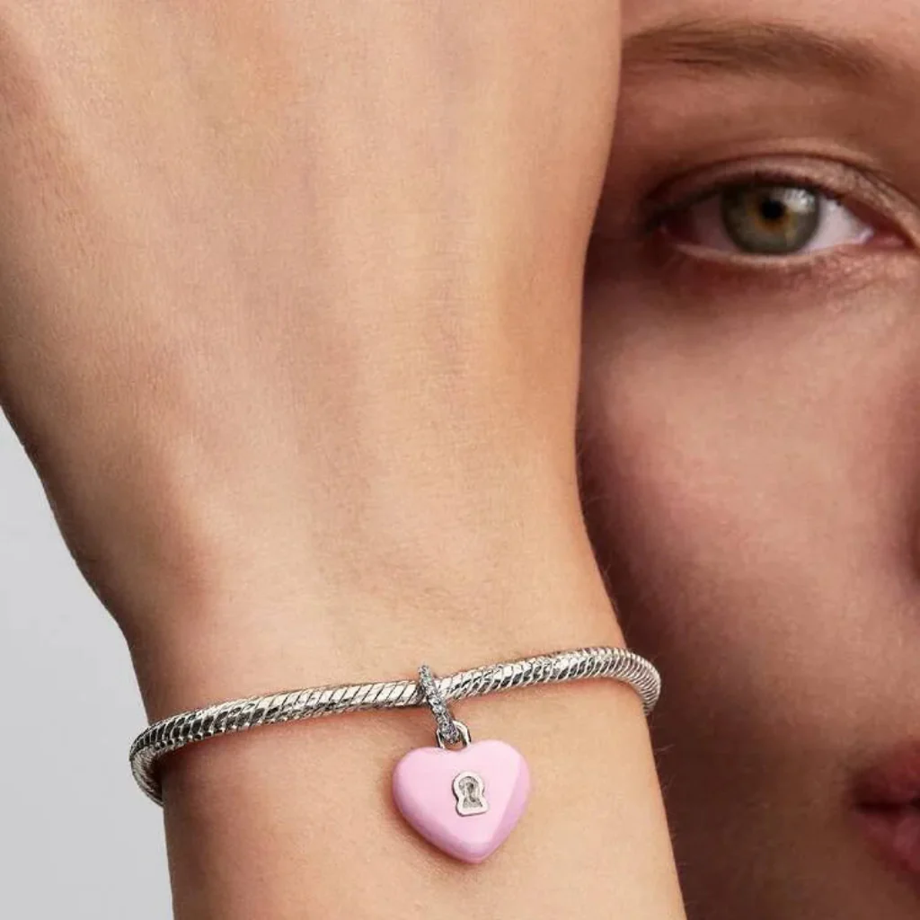 Pandora : Pink Ceramic Heart Padlock Dangle Charm - Image 4