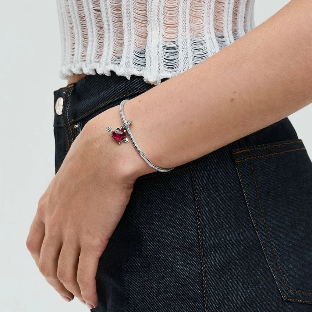 PANDORA : Red Heart & Arrow Murano Glass Dangle Charm in Sterling Silver - Image 2