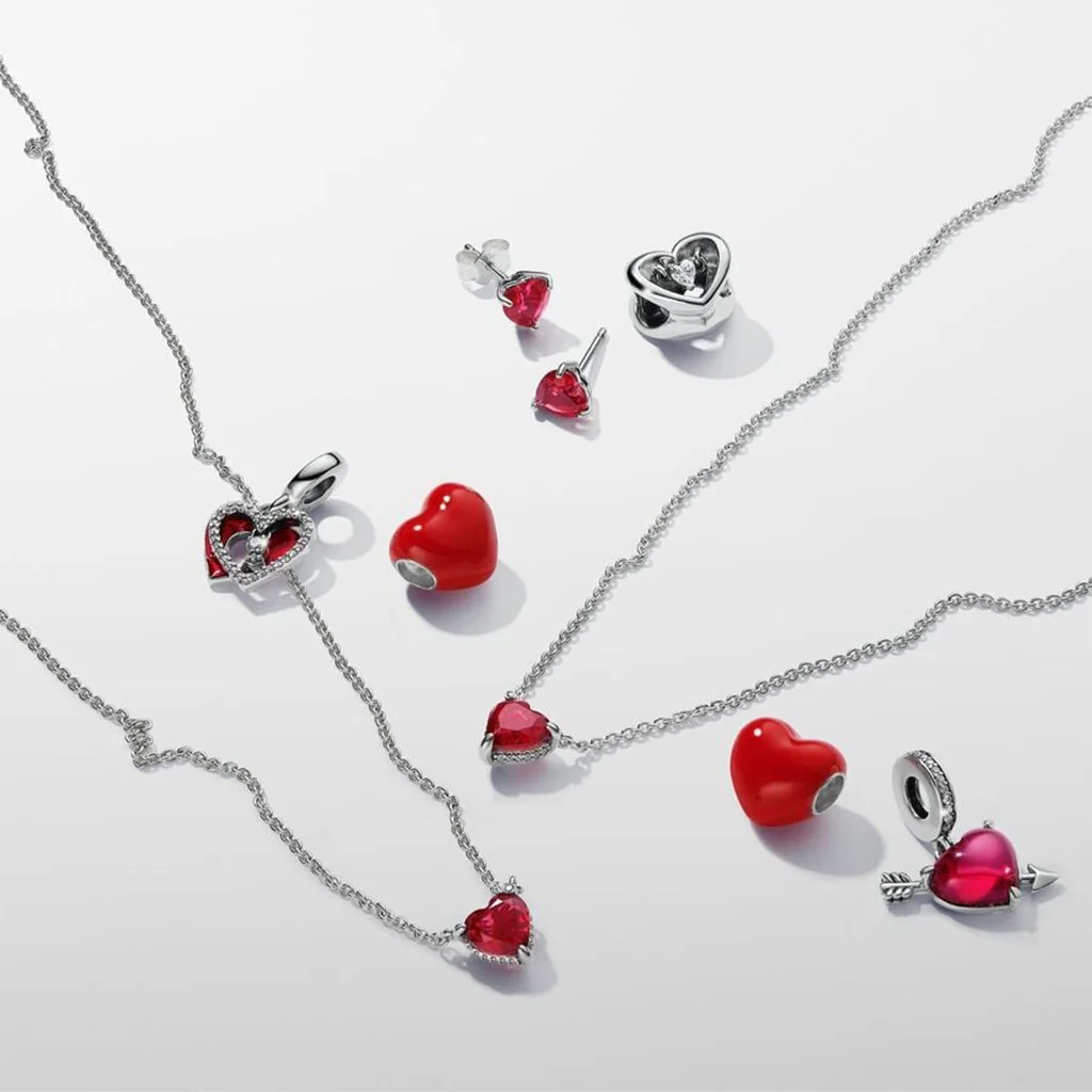 PANDORA : Red Heart & Keyhole Double Dangle Charm in Sterling Silver - Image 6