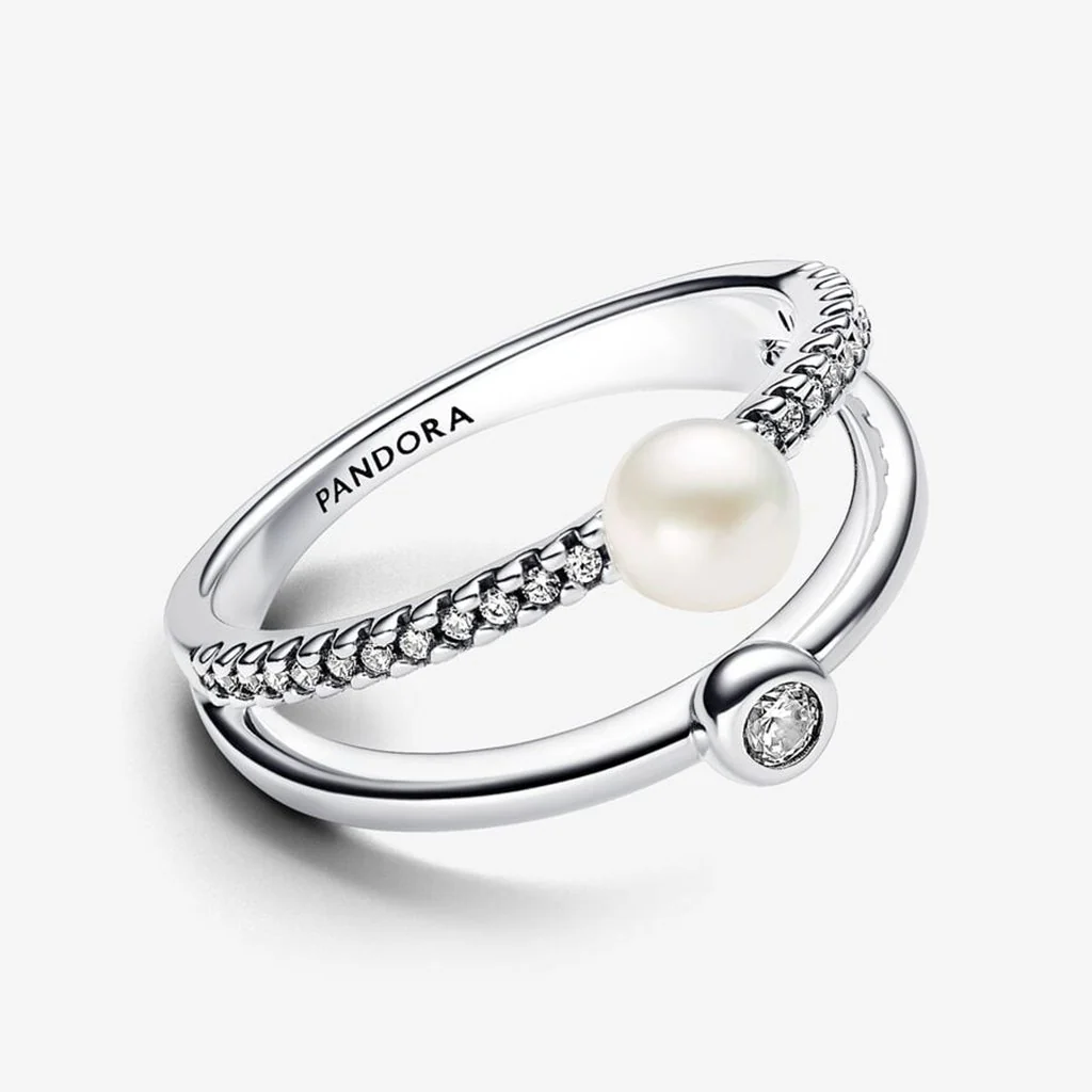 PANDORA : Treated Freshwater Cultured Pearl & Pavé Double Band Ring - Sterling Silver - Image 2