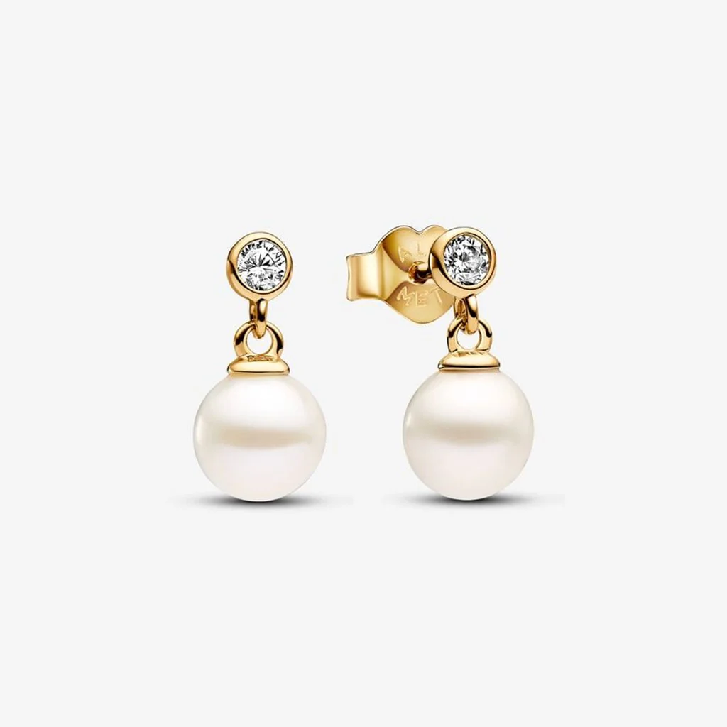 PANDORA : Treated Freshwater Cultured Pearl & Stone Drop Earrings - Gold