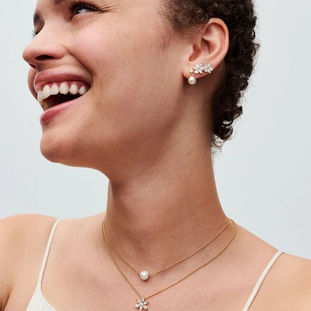 PANDORA : Treated Freshwater Cultured Pearl & Stone Drop Earrings - Gold - Image 2