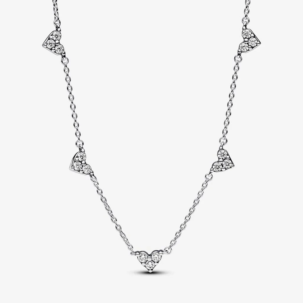 PANDORA : Triple Stone Heart Station Chain Necklace - Sterling Silver