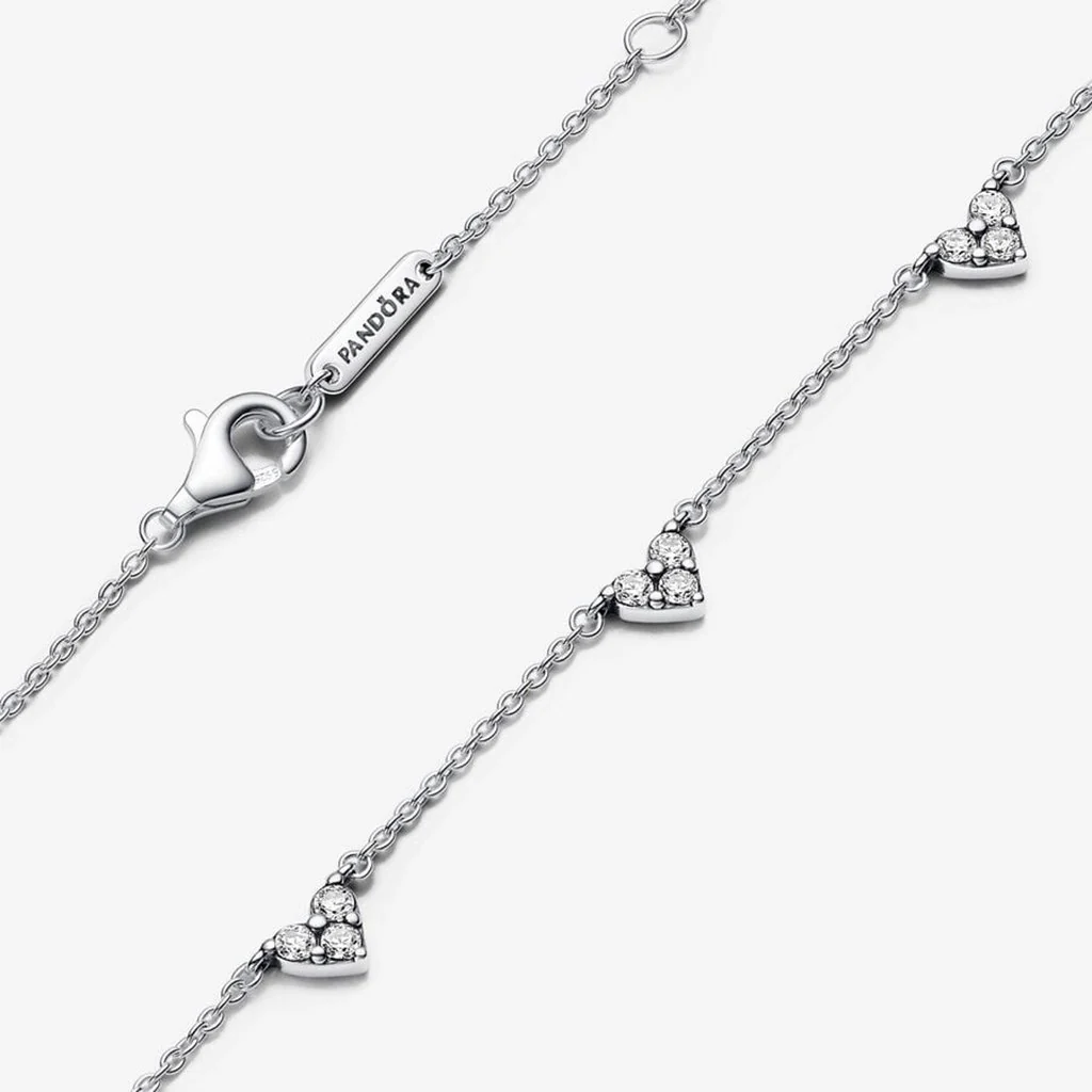 PANDORA : Triple Stone Heart Station Chain Necklace - Sterling Silver - Image 4