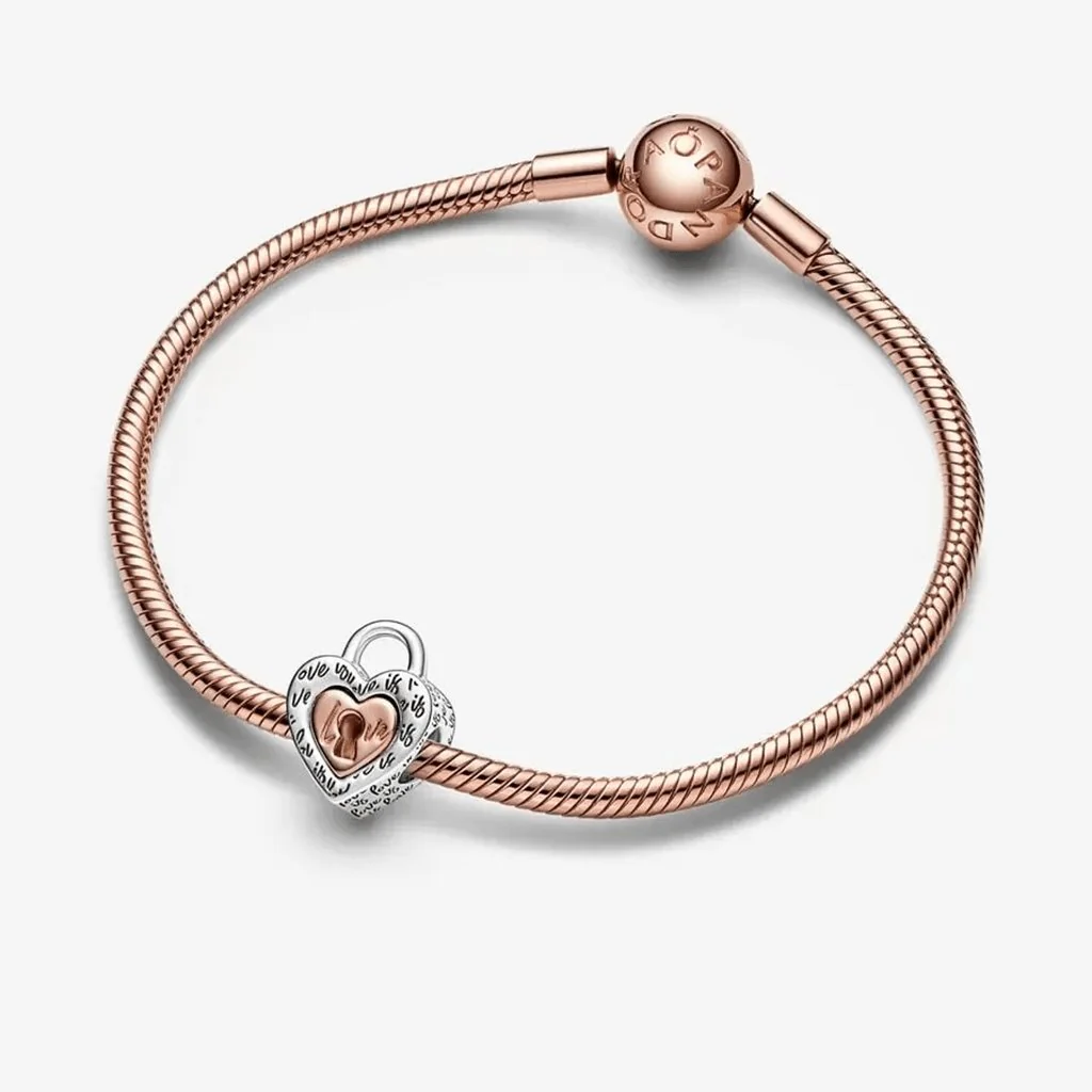 PANDORA : Two-tone Padlock Splittable Heart Charm - Sterling silver and 14k Rose gold-plated - Image 3