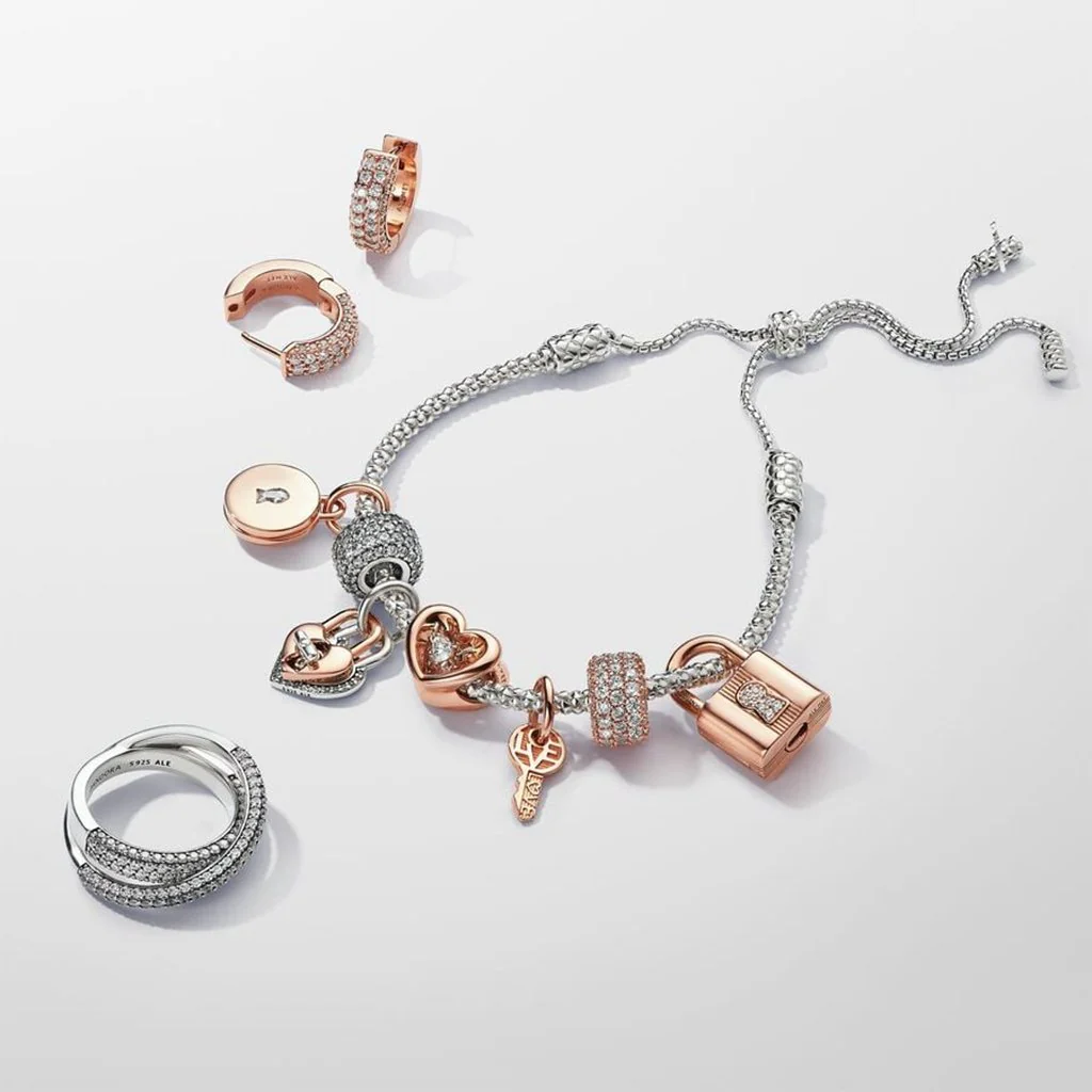 PANDORA : Two-tone Twistable Heart Padlock Double Dangle Charm - Sterling silver and 14k Rose gold-plated unique metal blend - Image 6