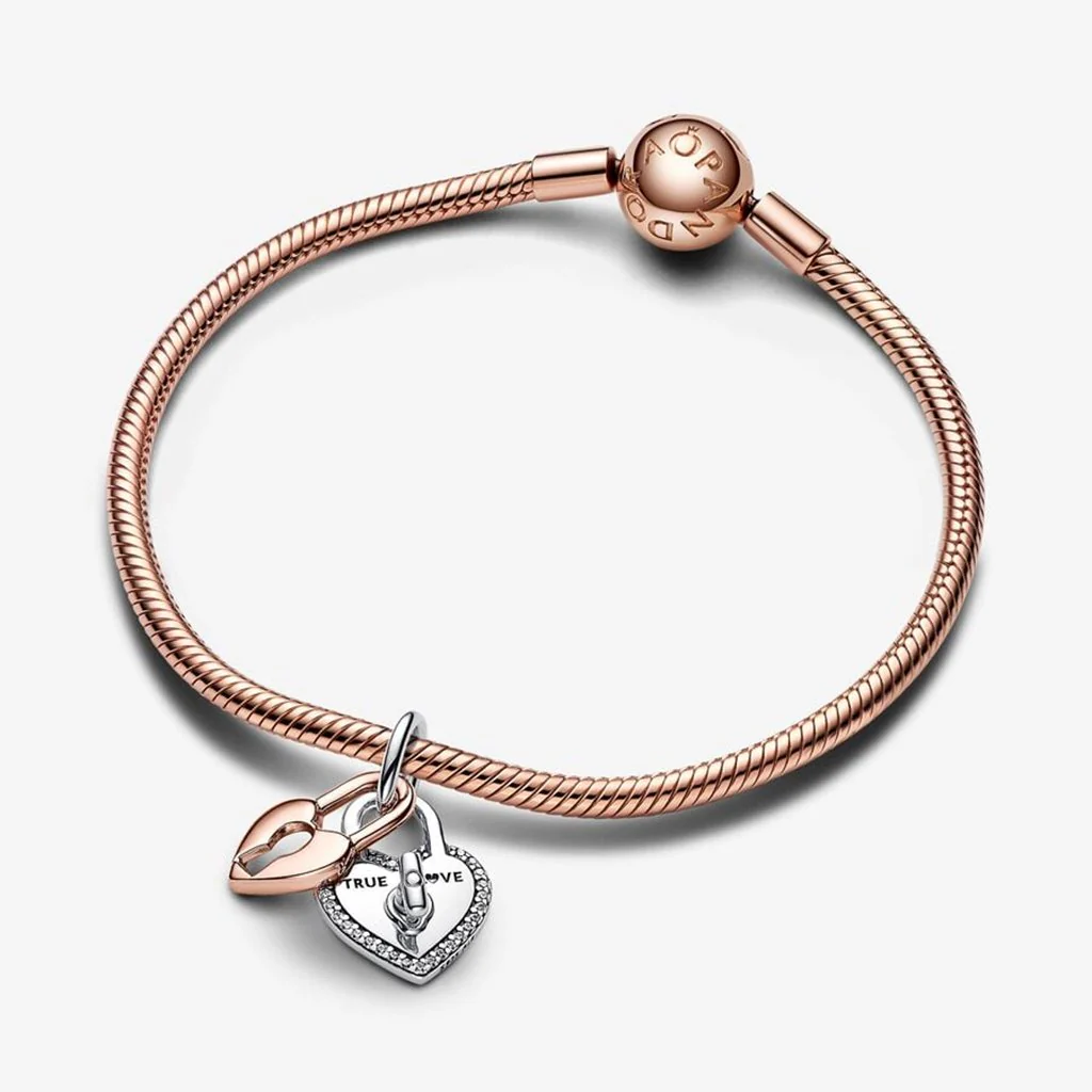 PANDORA : Two-tone Twistable Heart Padlock Double Dangle Charm - Sterling silver and 14k Rose gold-plated unique metal blend - Image 7