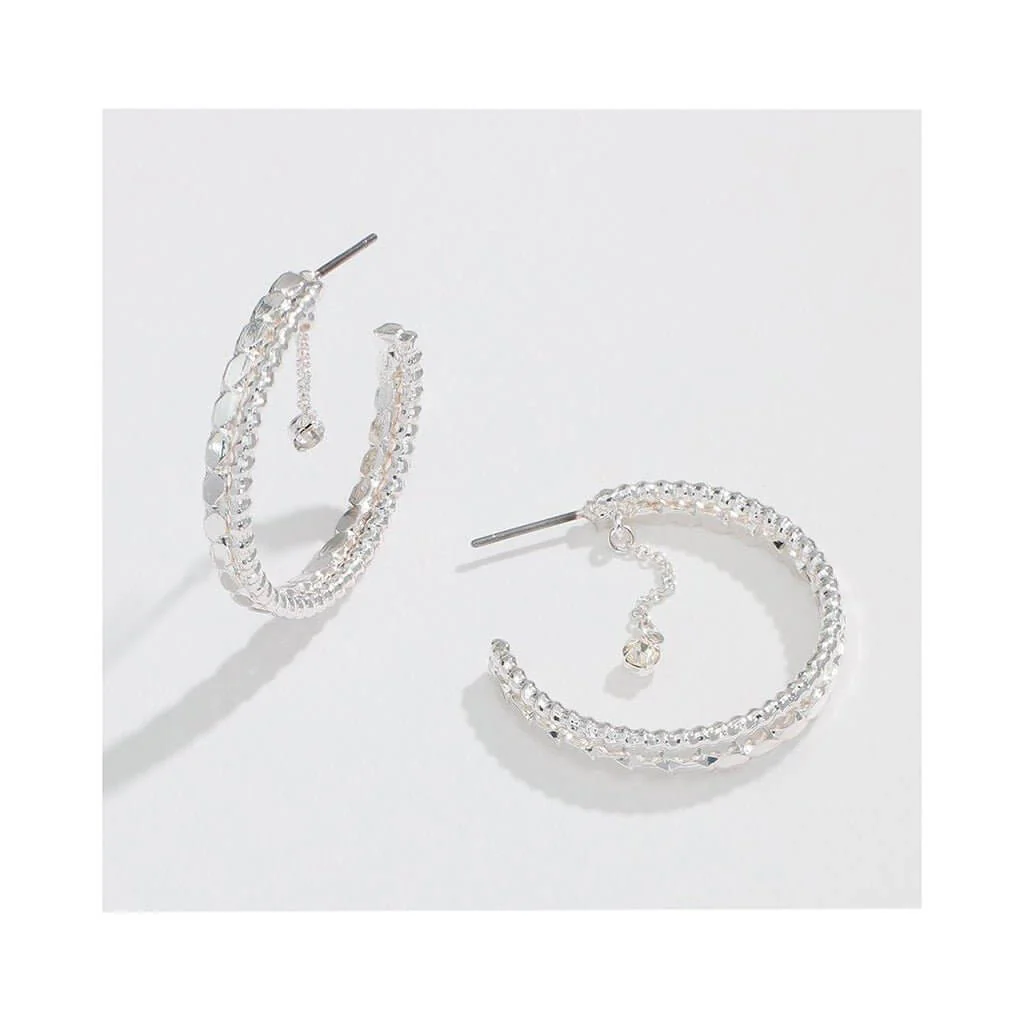 Periwinkle by Barlow : 1” Textured Silver Hoops With Dangling Crystal -Earrings