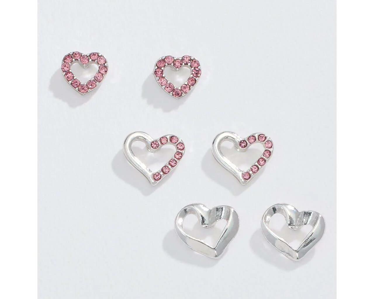 Periwinkle by Barlow :  Silver Hearts Trio Studs - Earrings (Set of 3 Pairs)