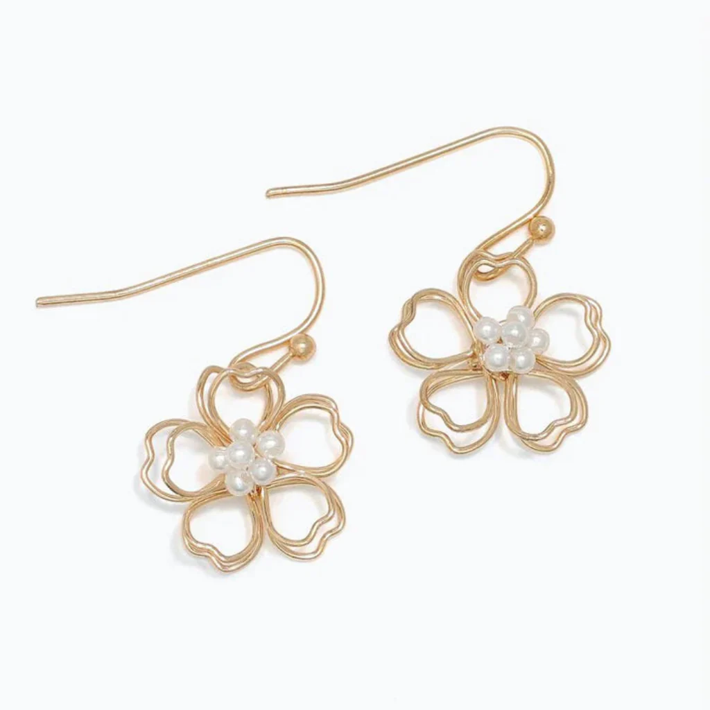Periwinkle :  Gold Wire Flowers With Pearls - Earrings