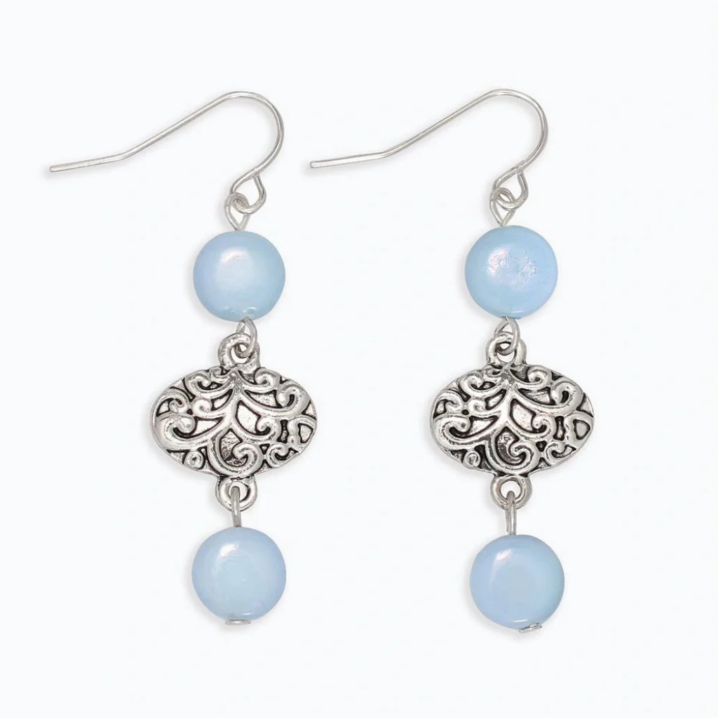 Periwinkle : Silver Filigree With Light Blue Beads Earrings
