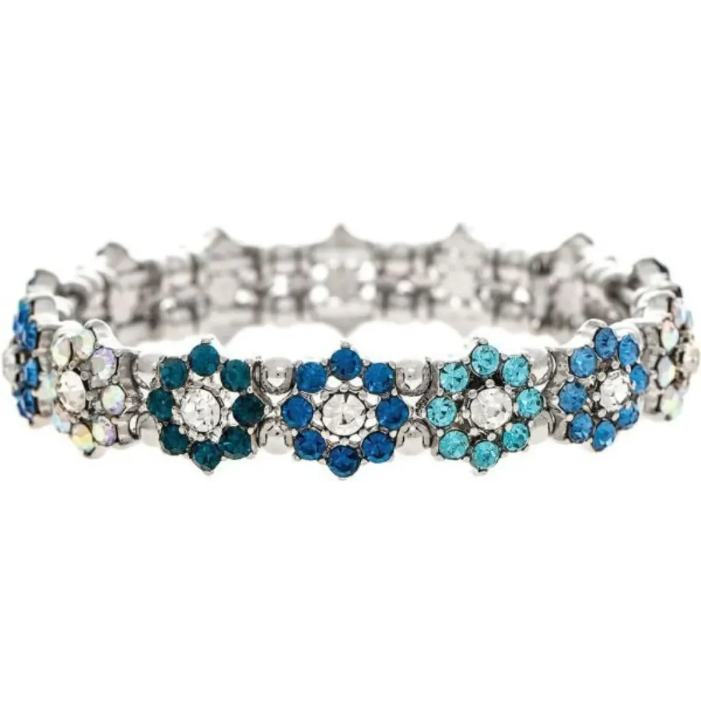 Rain Jewelry : April Skies Silver Blue Hues Crystal Flower Stretch Bracelet