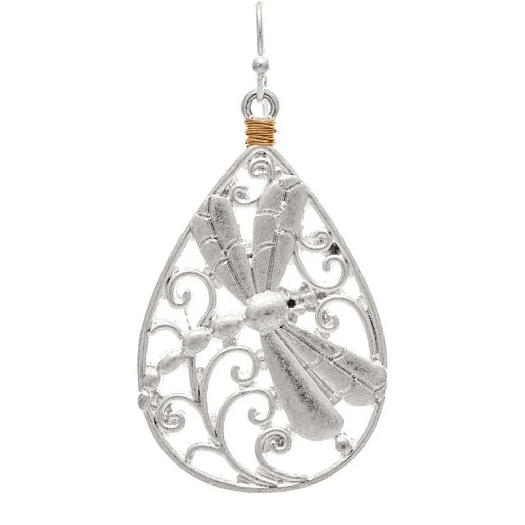 Rain Jewelry : Silver Filigree Teardrop Dragonfly Earring