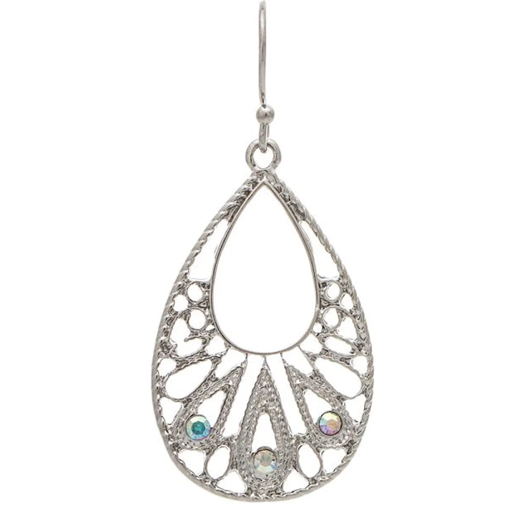 Rain Jewelry : Silver Open Center Filigree Crystal Teardrop Earring