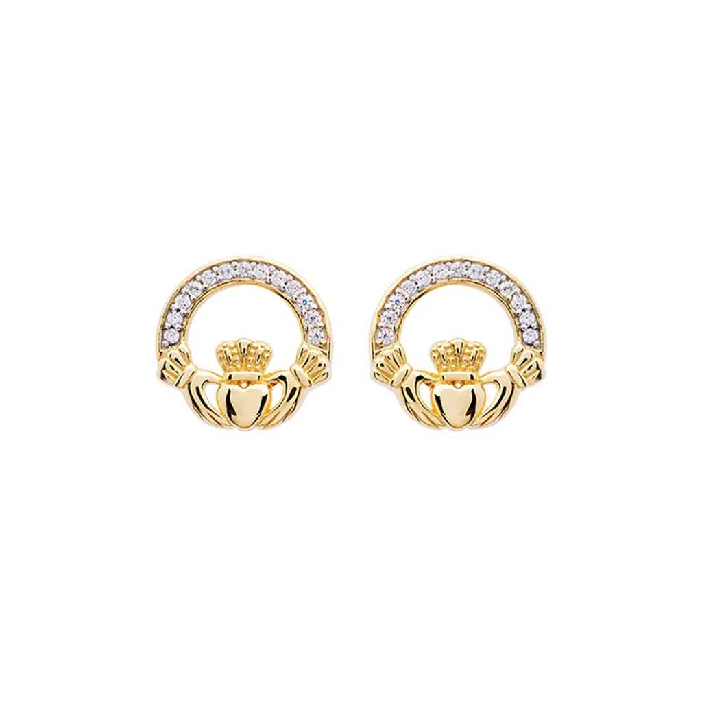 Shanore : 14KT Gold Vermeil Stud Claddagh Earrings Adorned with White Cubic Zirconias