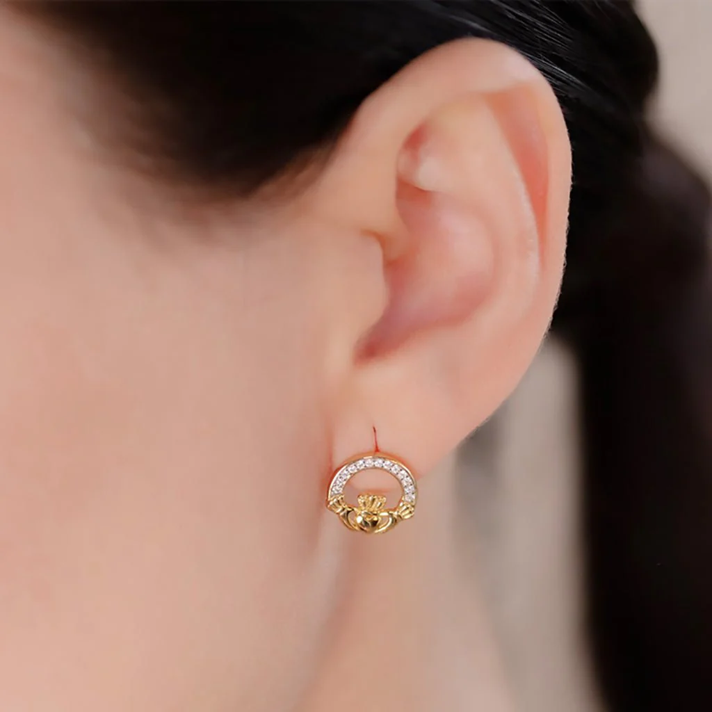 Shanore : 14KT Gold Vermeil Stud Claddagh Earrings Adorned with White Cubic Zirconias - Image 2