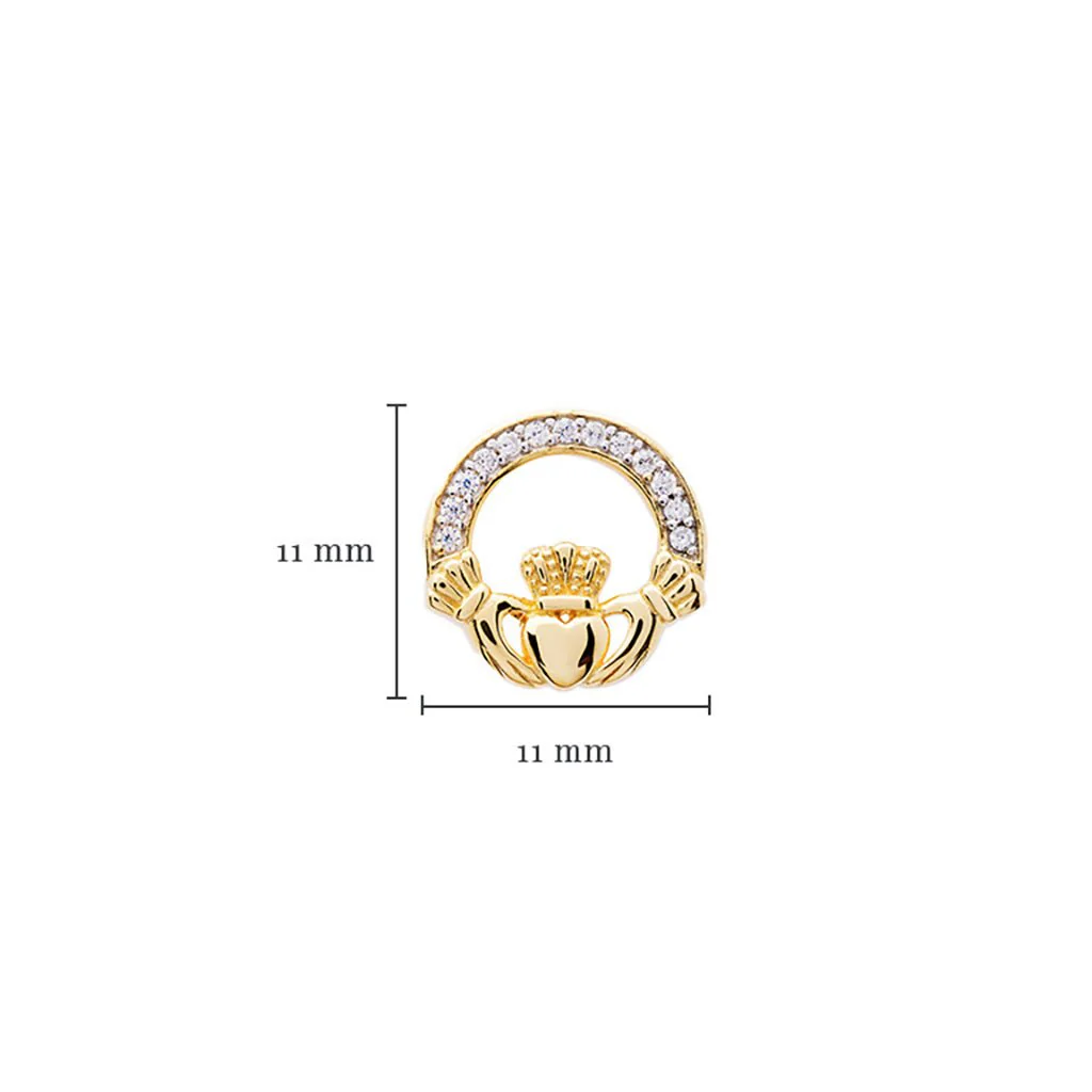 Shanore : 14KT Gold Vermeil Stud Claddagh Earrings Adorned with White Cubic Zirconias - Image 4