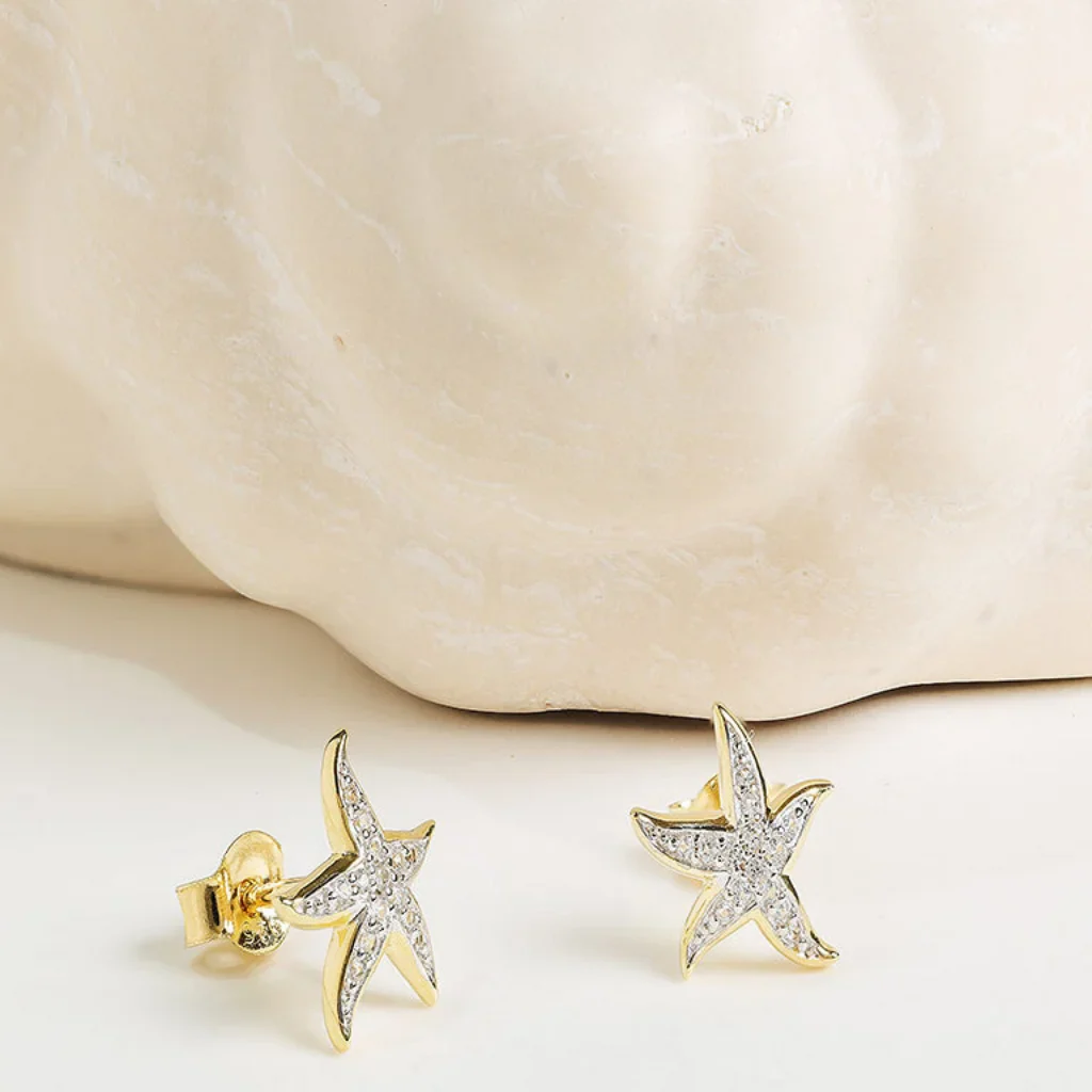 Shanore : 14kt Gold Vermeil white Sapphire Starfish Earrings - Image 2