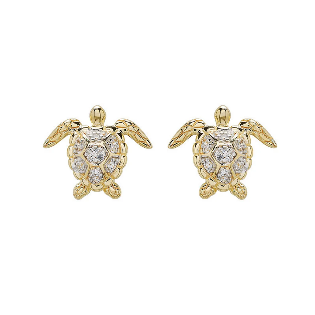 Shanore : 14kt Gold Vermeil white Sapphire Turtle Earrings