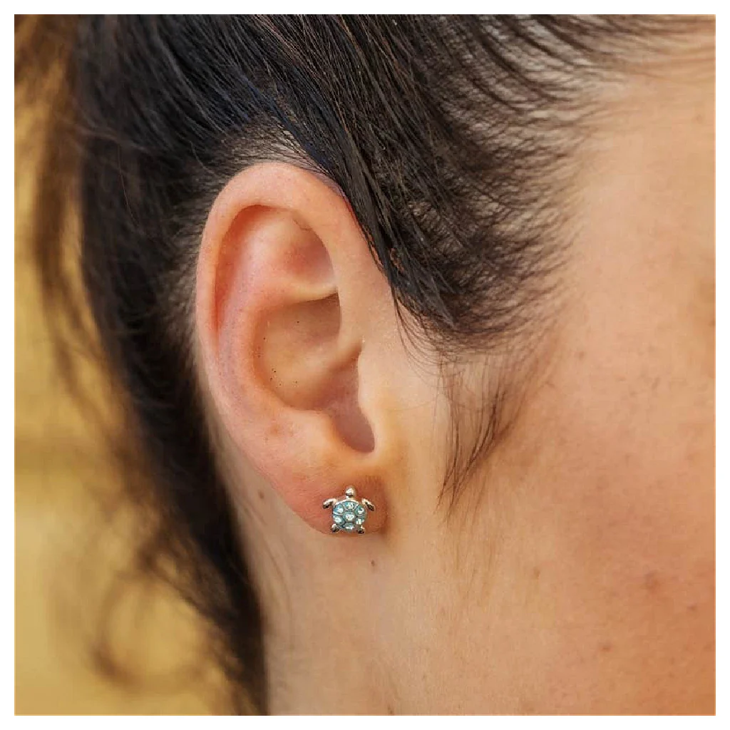 Shanore : Sterling Silver Stud Turtle Aqua Crystal Earrings - Image 2