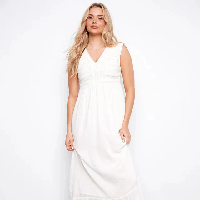 Charlie B : Embroidered Cotton Blend Maxi Dress Natural White