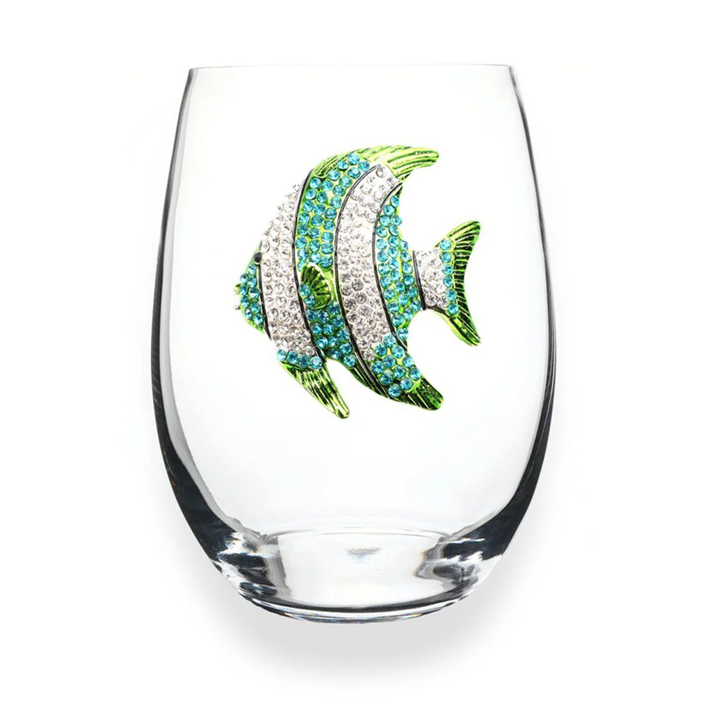 The Queens' Jewels : Turquoise Tropical Fish Jeweled Stemless Wine Glass